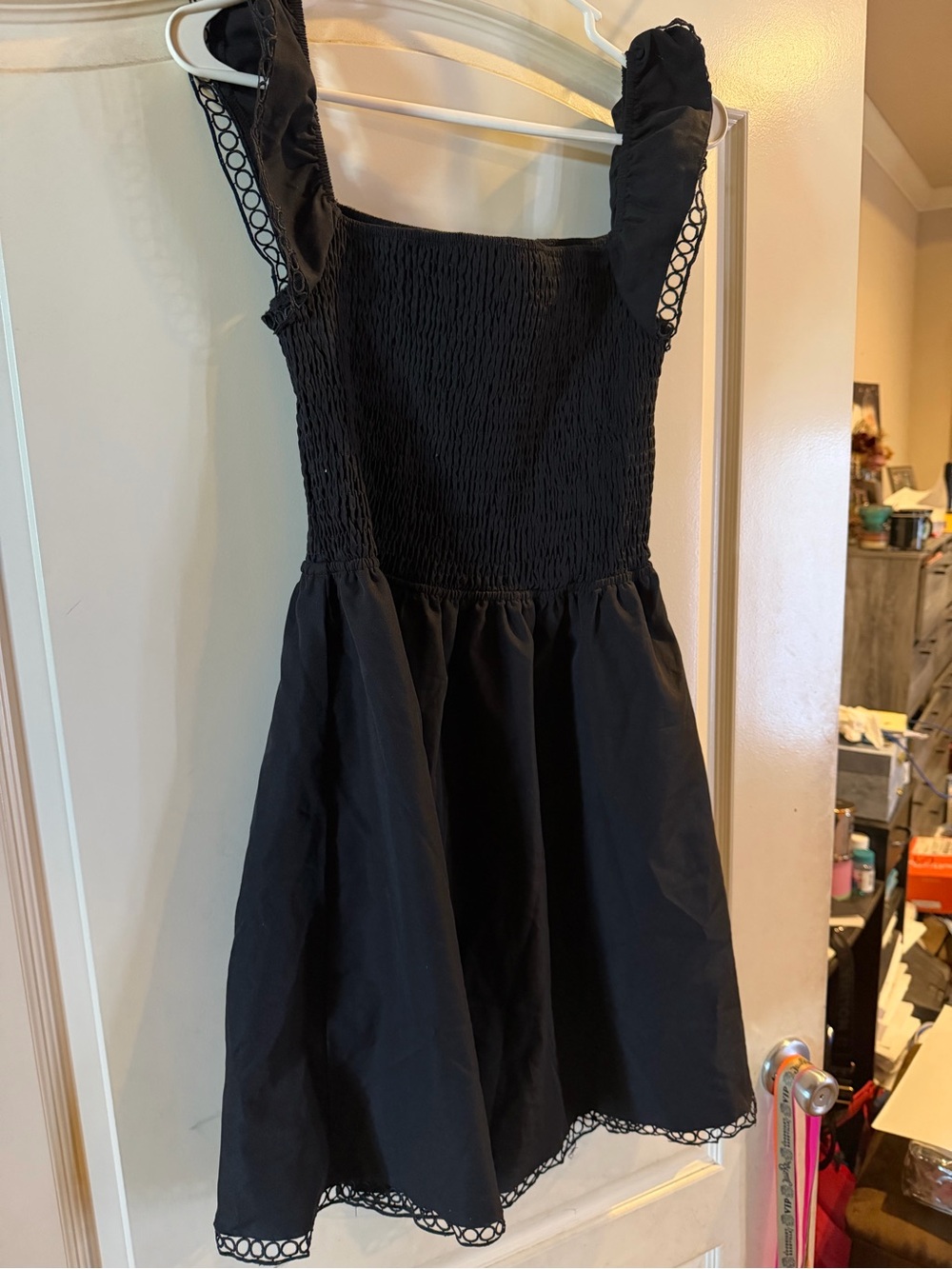 SHEIN Black Smocked Bodice A-Line Dress with Lace Trim